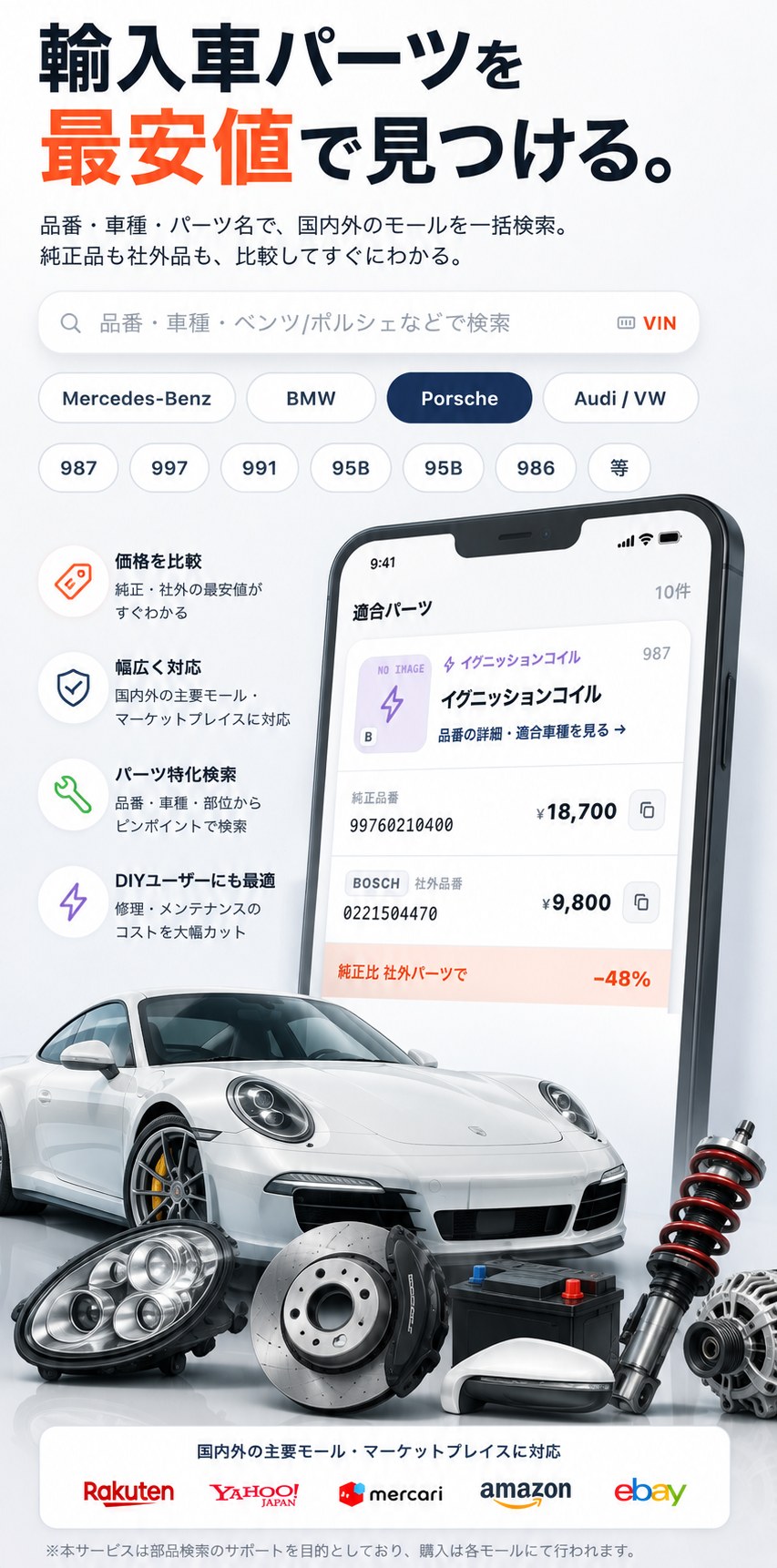 輸入車パーツを最安値で見つける。品番・車種・パーツ名で楽天市場・Yahoo!ショッピング・メルカリ・Amazon・eBayを一括検索。純正品番と社外品番の価格を比較できます。